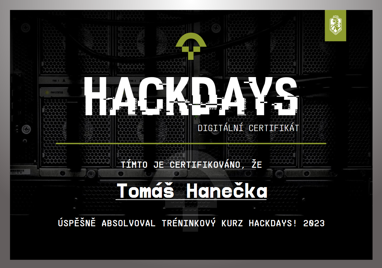 HackDays certifikát ze Smíchovská SPŠaG