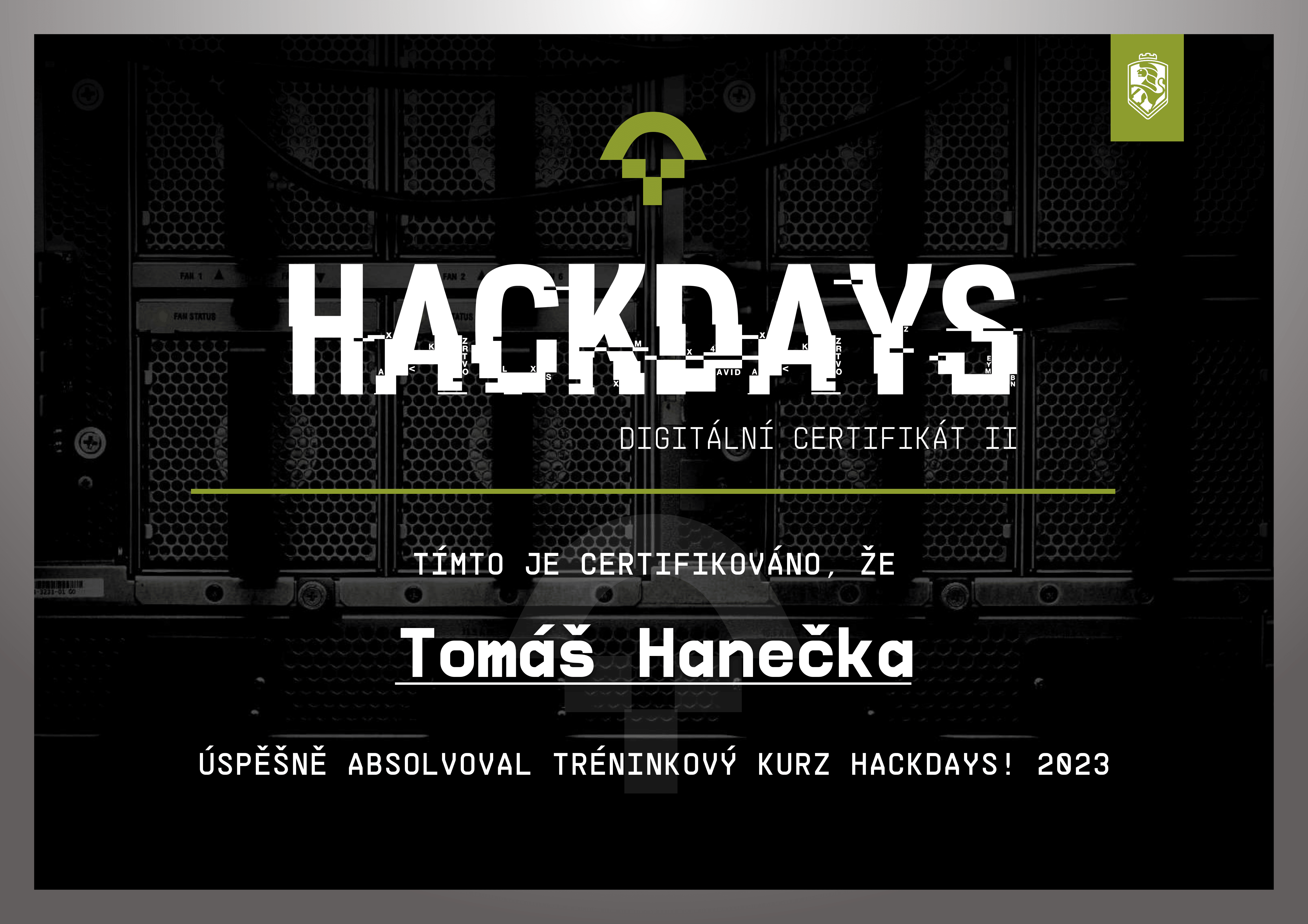 Druhý HackDays certifikát ze Smíchovská SPŠaG